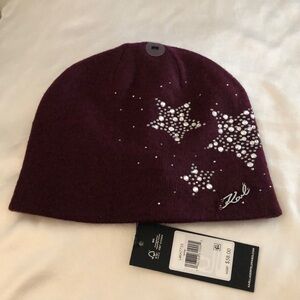 Karl Lagerfeld Paris Wine Color Ribbed Beanie Hat Studded Sparkle Stars OS NWT